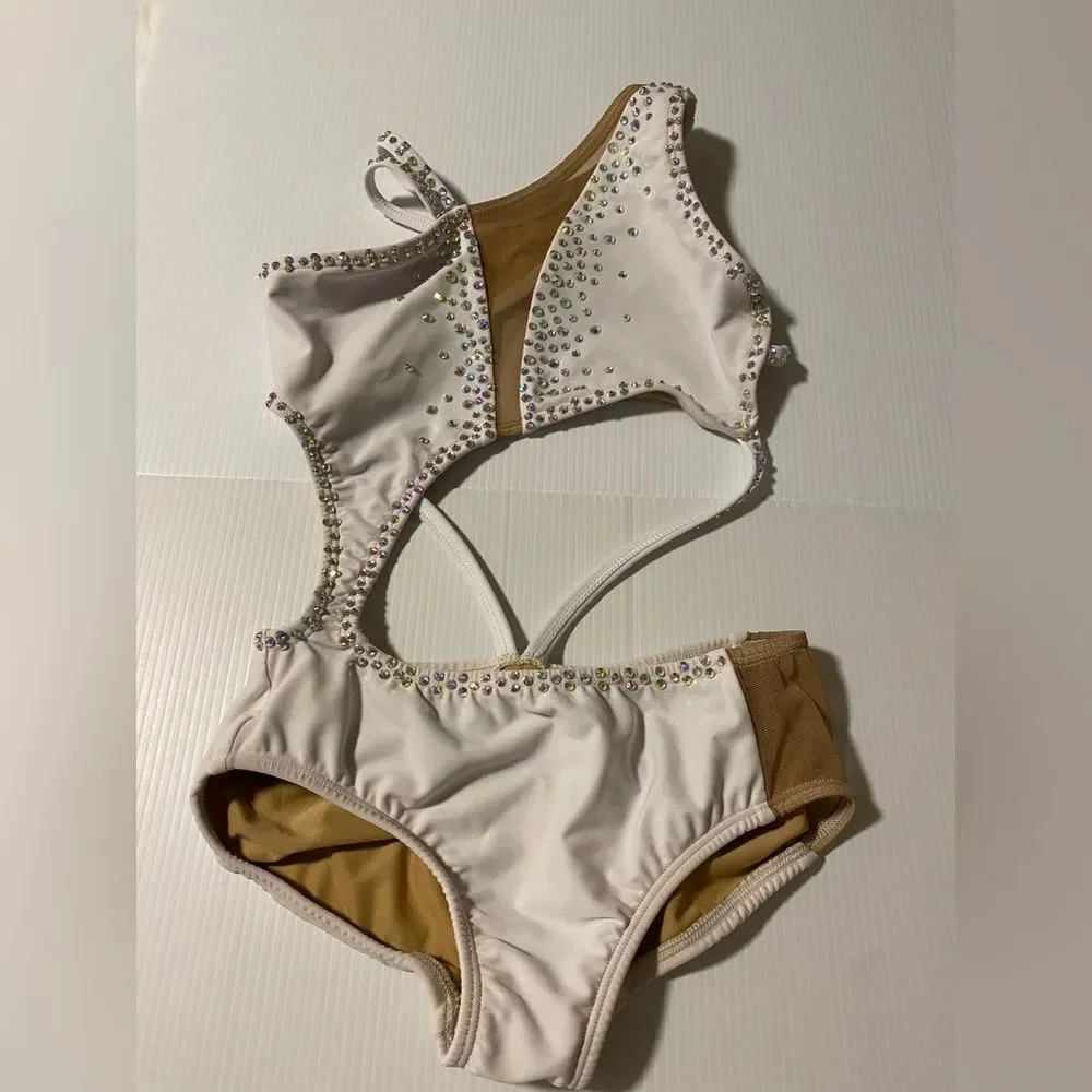 AA dance design costume solo white custom illusion clover leotard XSA XS adul